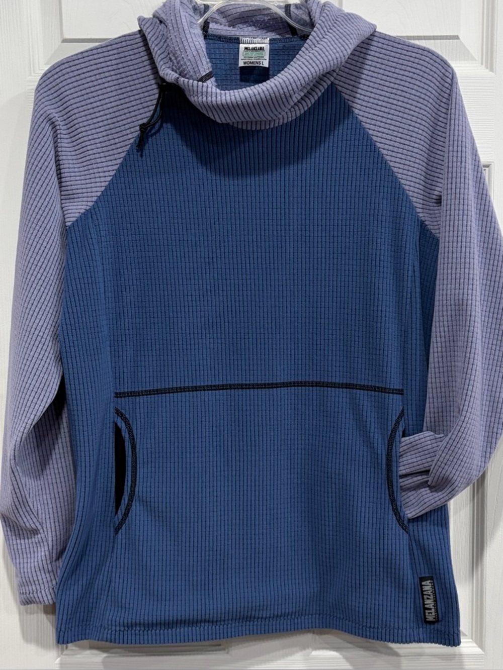 Melanzana Women’s Large Micro Grid Hoodie Purple Blue Jacket GUC Microgrid